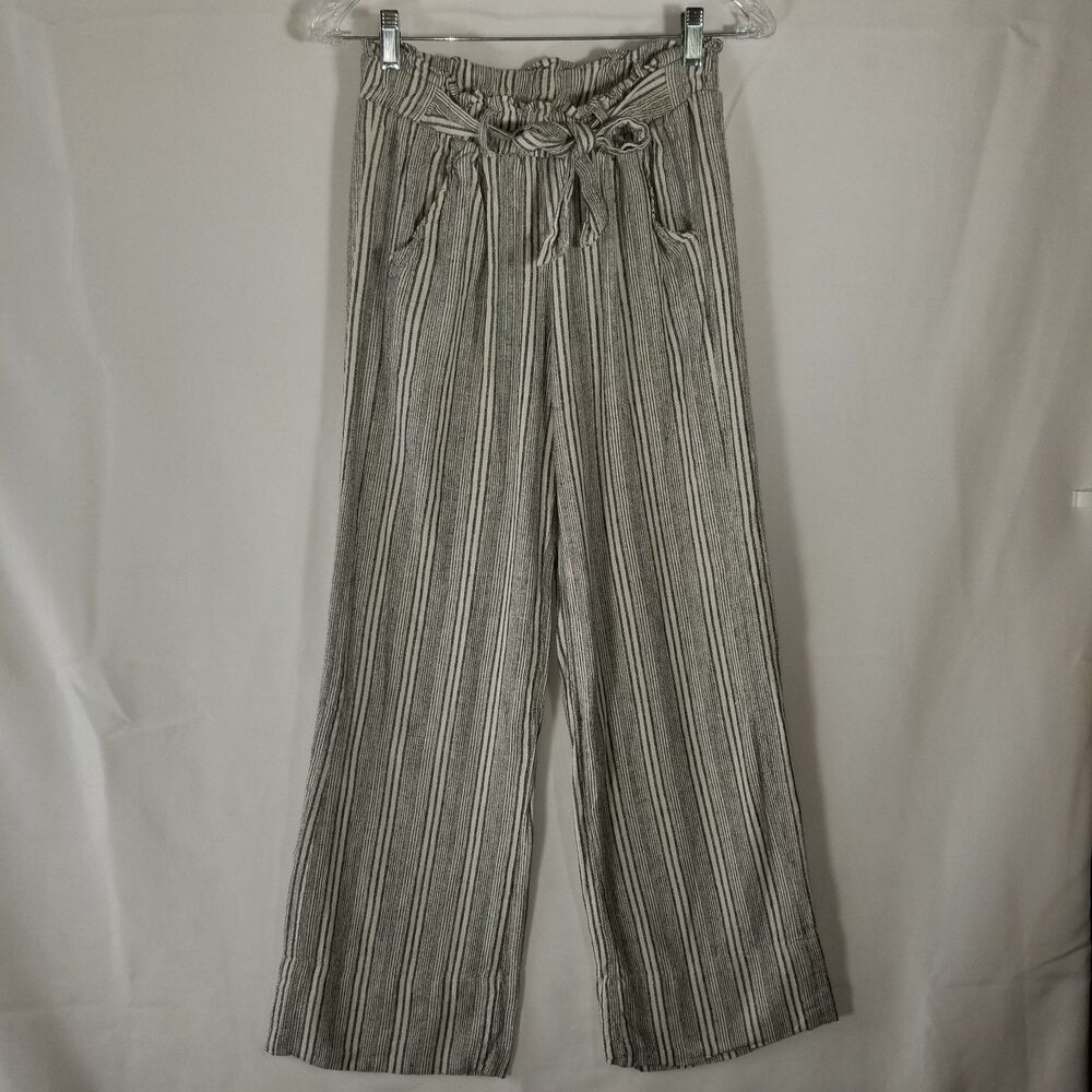 SO Size S Striped Linen Blend Wide Leg High Rise Striped Pants Tie Belt Bohemian